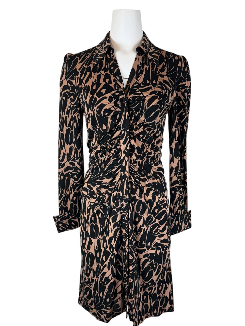Diane von Furstenberg Sheska Ruched Crepe Dress S Brown Black Printed DVF
